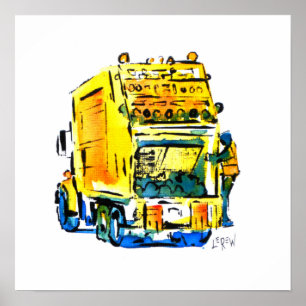 Gele vuilniswagen / Kunstenaar Larry Lerew Poster