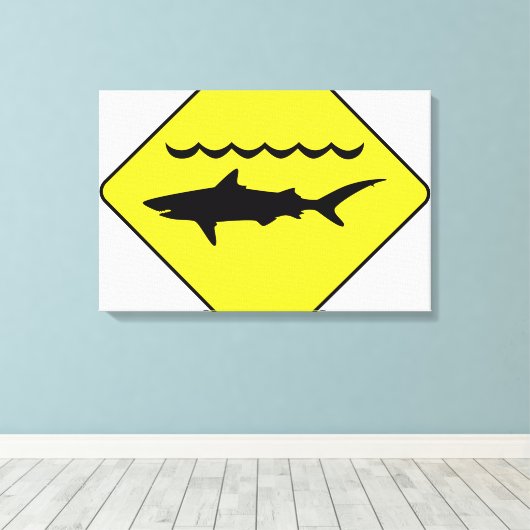 Gele 'waarschuwing haaien' teken canvas print (Insitu (Houten vloer))