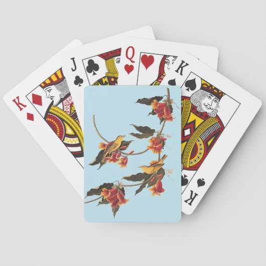 Gele Warbler-zongvogels op bloeiende kruisbessen Pokerkaarten (Achterkant)