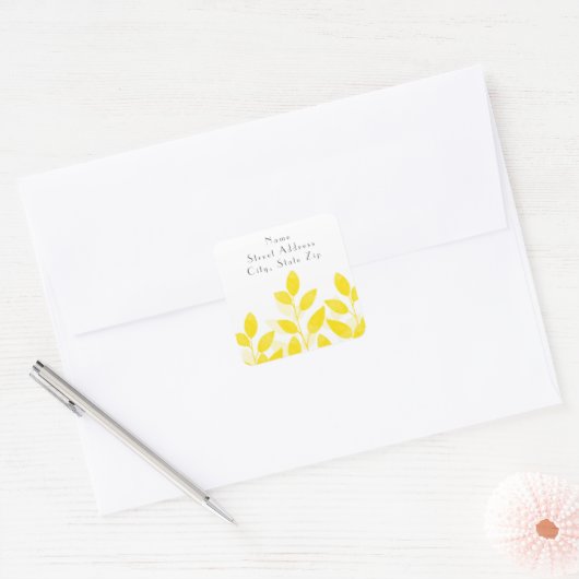 Gele Waterverf Bladeren Vierkante Sticker (Envelop)