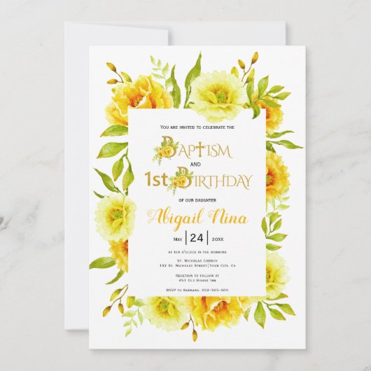Gele waterverf bloeit doop en 1e verjaardag kaart (Voorkant)