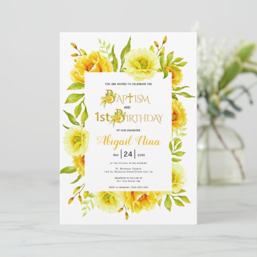 Gele waterverf bloeit doop en 1e verjaardag kaart (Staand voorkant)