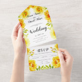 Gele waterverf bloemen, bloem lijst bruiloft all in one uitnodiging (Afscheurbaar)