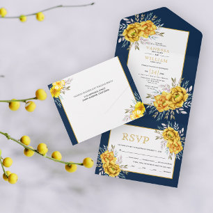 Gele waterverf bloemen en bladeren all in one uitnodiging