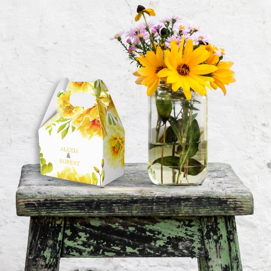 Gele waterverf bloemen en bladeren bruiloft bedankdoosjes
