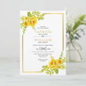 Gele waterverf bloemen en gouden lijst bruiloft kaart (Staand voorkant)