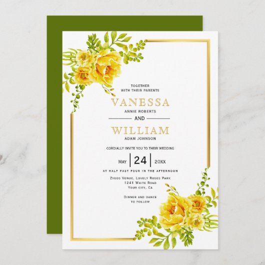 Gele waterverf bloemen en gouden lijst bruiloft kaart (Voorkant / Achterkant)