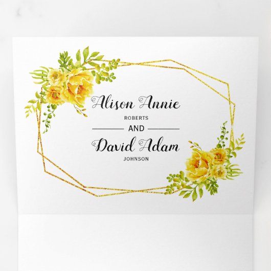 Gele waterverf bloemen en typografie bruiloft drieluik uitnodiging (Binnenzijde eerst)