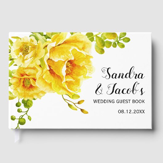 Gele waterverf bloemen en typografie bruiloft gastenboek (Voorkant)