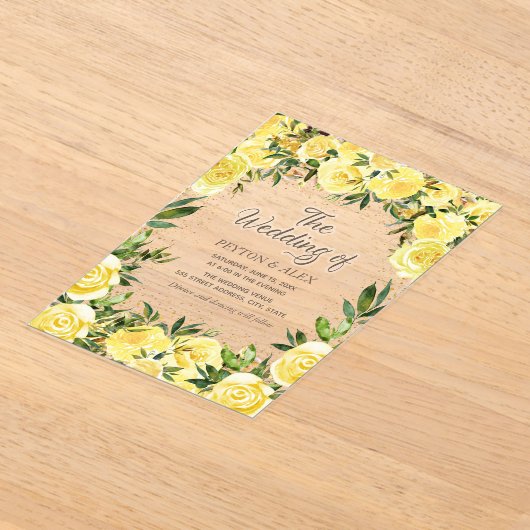 Gele Waterverf Bloemen Gouden Glitter Boog Wedding Acryl Uitnodigingen (Laagn)