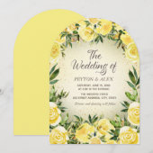 Gele Waterverf Bloemen Gouden Glitter Boog Wedding Kaart (Voorkant / Achterkant)