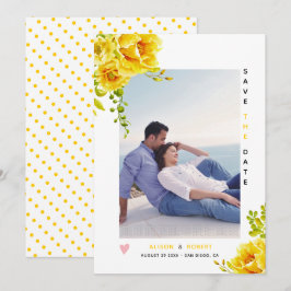 Gele waterverf bloemen, groene bladeren en foto's save the date