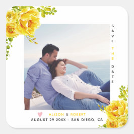 Gele waterverf bloemen, groene bladeren en foto's vierkante sticker