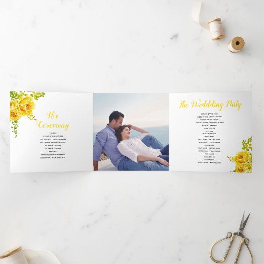 Gele waterverf bloemen groene bladeren, foto drieluik programma (Binnen)