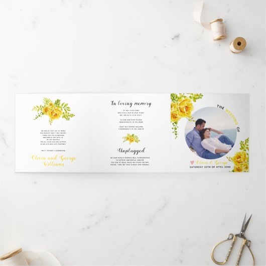 Gele waterverf bloemen groene bladeren, foto drieluik programma (Buitenkant)