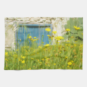 Gele waterverf bloemen theedoek