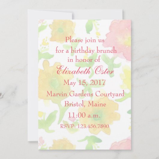 Gele Waterverf Bloemen Verjaardagsfeest Kaart (Achterkant)