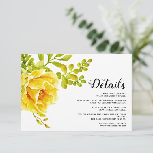 Gele waterverf bloemenbloemen bruiloft details informatiekaartje (Staand voorkant)