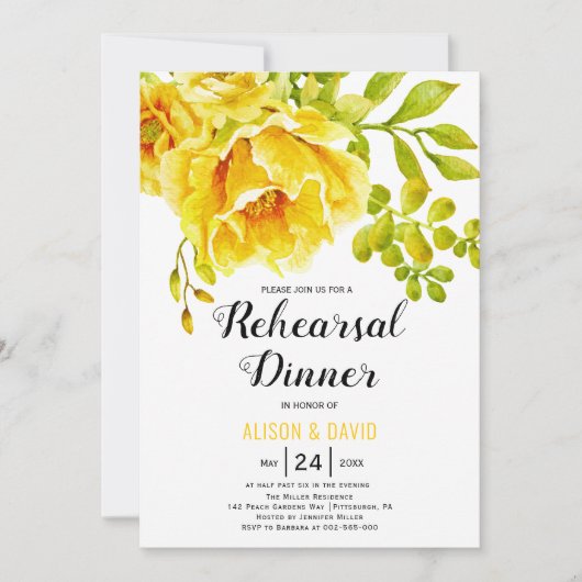 Gele waterverf bloemenbruiloft repetitie diner kaart (Voorkant)