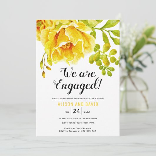 Gele waterverf bloemenbruiloft verlovingsfeest kaart (Staand voorkant)