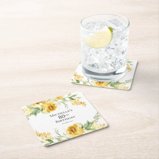 Gele Waterverf Bloemengroen 80e verjaardag Kartonnen Onderzetters (Insitu)