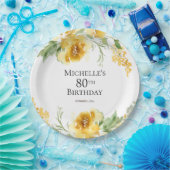 Gele Waterverf Bloemengroen 80e verjaardag Papieren Bordje (Feest)