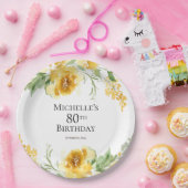 Gele Waterverf Bloemengroen 80e verjaardag Papieren Bordje (Feest)