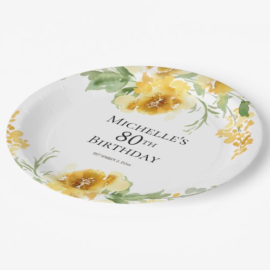 Gele Waterverf Bloemengroen 80e verjaardag Papieren Bordje (Gekanteld)