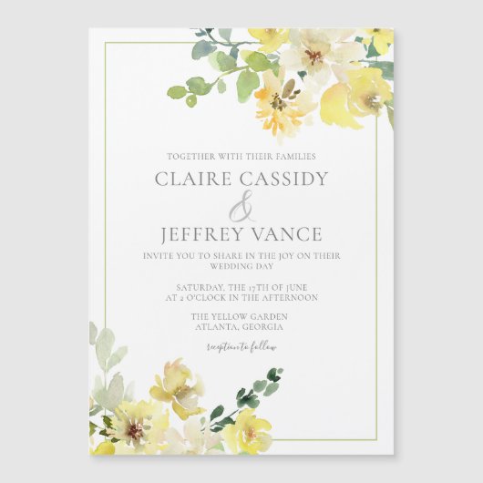 Gele Waterverf bloemenvrolijke zomerbruiloft Magnetische Uitnodiging (Voorkant)