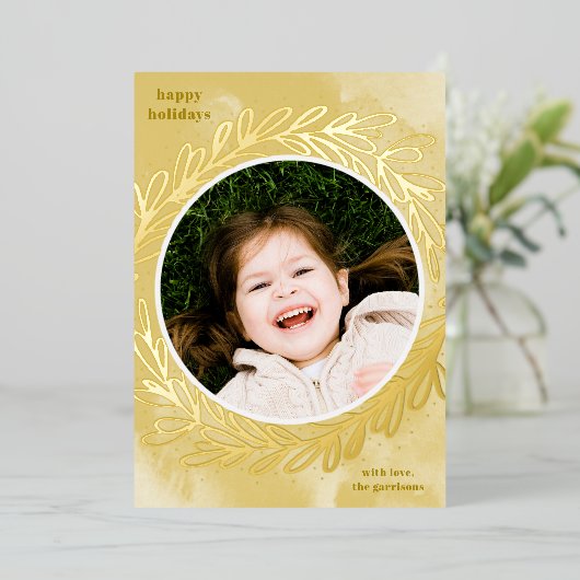 Gele Waterverf Botanische Lijst Gold Folie Feestdagenkaart (Staand Voorkant)