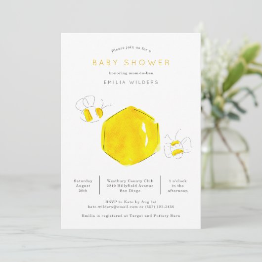 Gele Waterverf Bumble Bee Hive Baby shower Kaart (Staand voorkant)