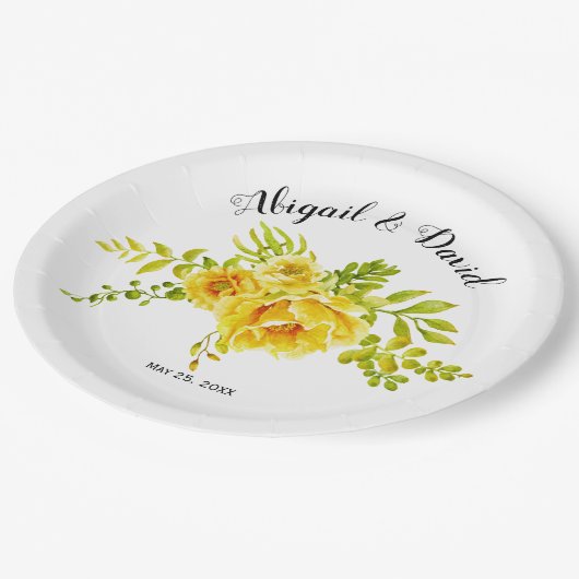 Gele waterverf cactus bloemen sappig huwelijk papieren bordje (Gekanteld)