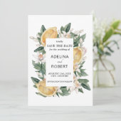 Gele waterverf citroenen en groene bladeren Wedden Save The Date (Staand voorkant)