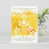 Gele waterverf cross floral Eerste Communie Kaart (Staand voorkant)