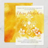 Gele waterverf cross floral Eerste Communie Kaart (Voorkant / Achterkant)