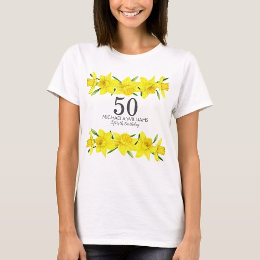 Gele Waterverf Daffodil 50e verjaardagsfeestje T-shirt (Voorkant)