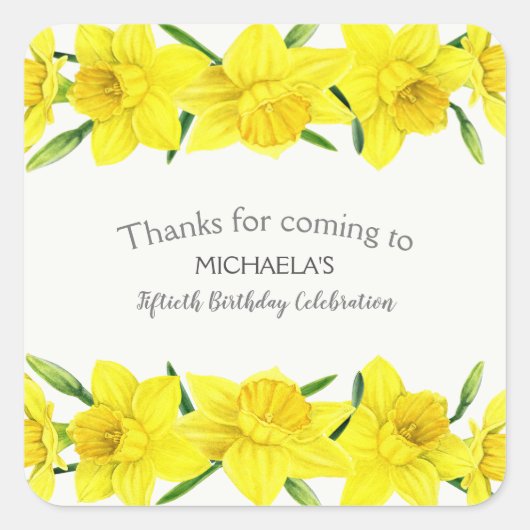 Gele Waterverf Daffodil 50e verjaardagsfeestje Vierkante Sticker (Voorkant)