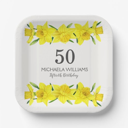 Gele Waterverf Daffodil 50th Birthday Napkins Papieren Bordje (Voorkant)