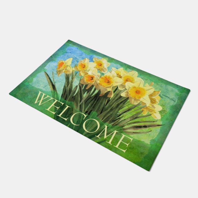 Gele Waterverf Daffodils op Green Welcome Deurmat (Schuin)