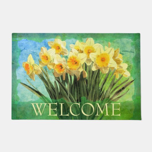 Gele Waterverf Daffodils op Green Welcome Deurmat (Voorkant)