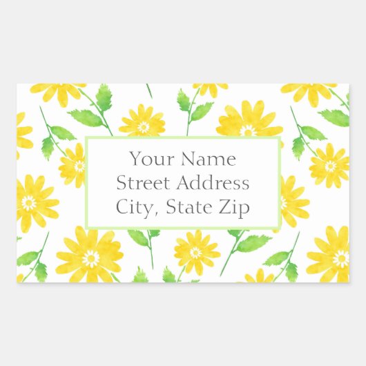 Gele Waterverf Daisy Stems Patroonlabels Rechthoekige Sticker (Voorkant)