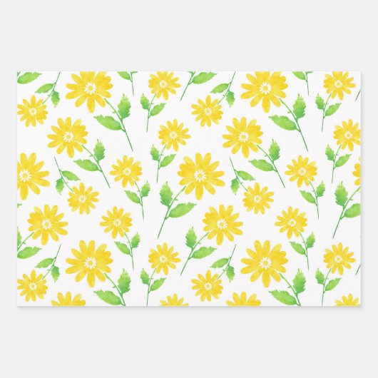 Gele Waterverf Daisy Stems Pattern Inpakpapier Vel (Voorkant 3)