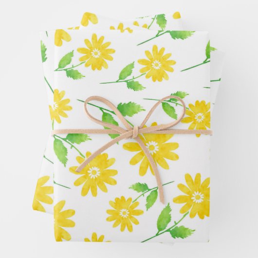 Gele Waterverf Daisy Stems Pattern Inpakpapier Vel (In situ)
