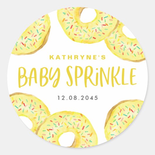 Gele Waterverf Donuts Baby Sprinkle Dank u Ronde Sticker (Voorkant)