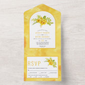 Gele waterverf en boogbloemenbruiloft all in one uitnodiging (Binnen)