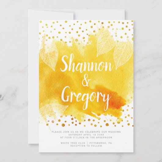 Gele waterverf en verlaat gouden bruiloft kaart (Voorkant)