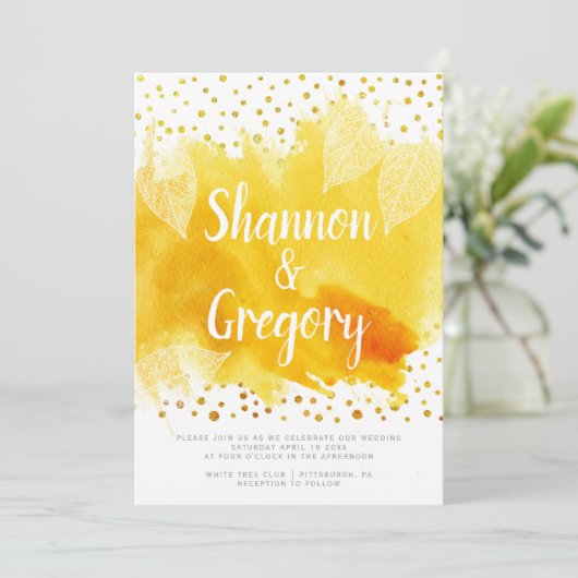 Gele waterverf en verlaat gouden bruiloft kaart (Staand voorkant)