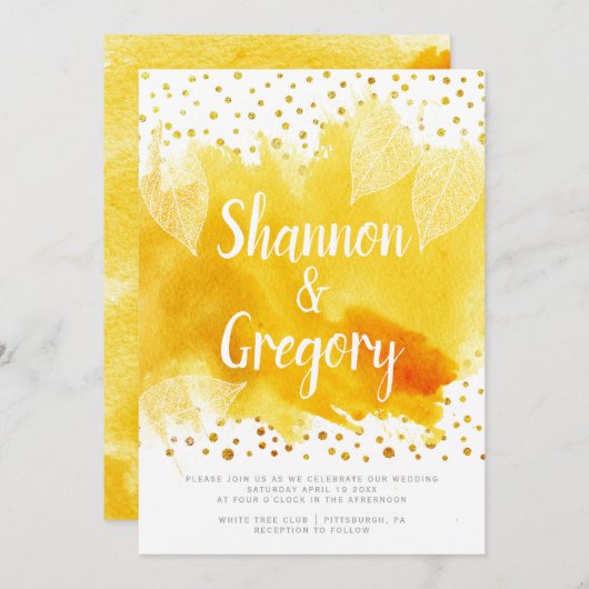 Gele waterverf en verlaat gouden bruiloft kaart (Voorkant / Achterkant)