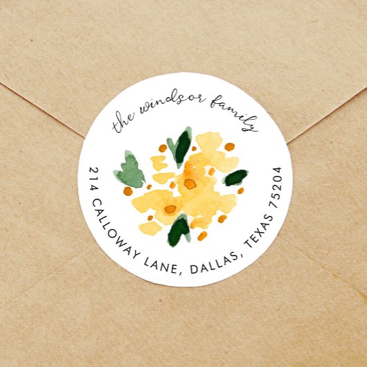 Gele Waterverf Floral Bouquet Return Address Ronde Sticker