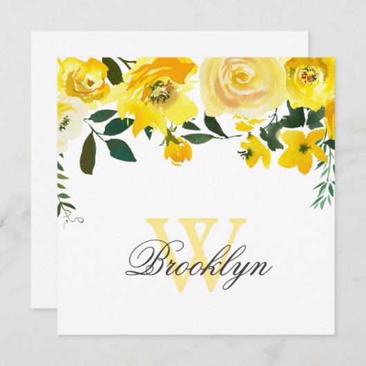 Gele Waterverf Floral Monogram Hartelijk dank Bedankkaart (Voorkant / Achterkant)